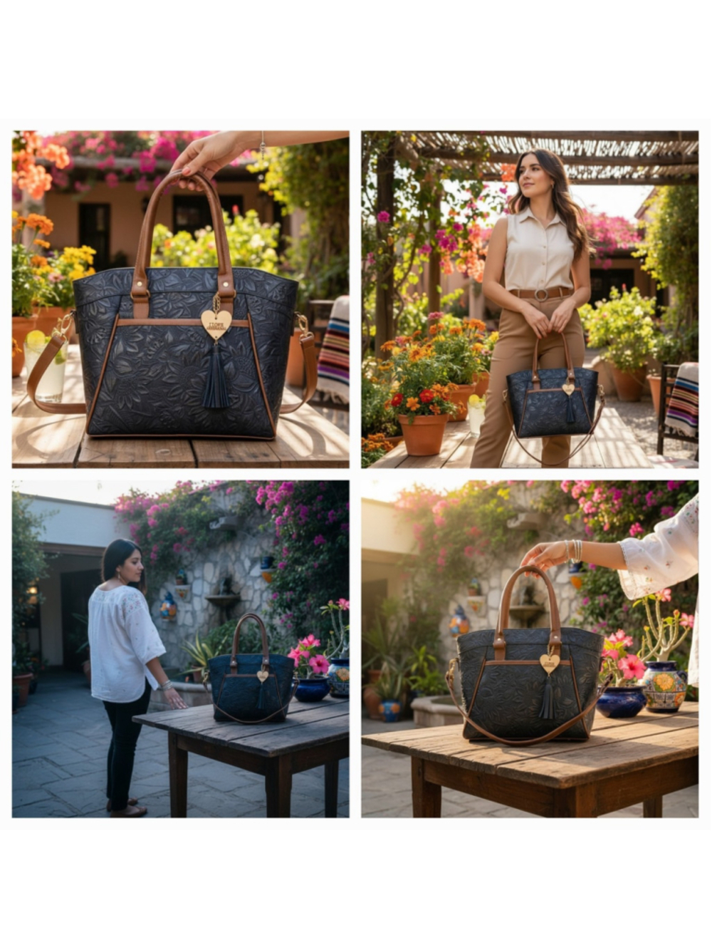 Sunflower Marine NAVY Blue Brown Embossed Tooled Artisan LEATHER Purse Handbag - Picture 4 of 16